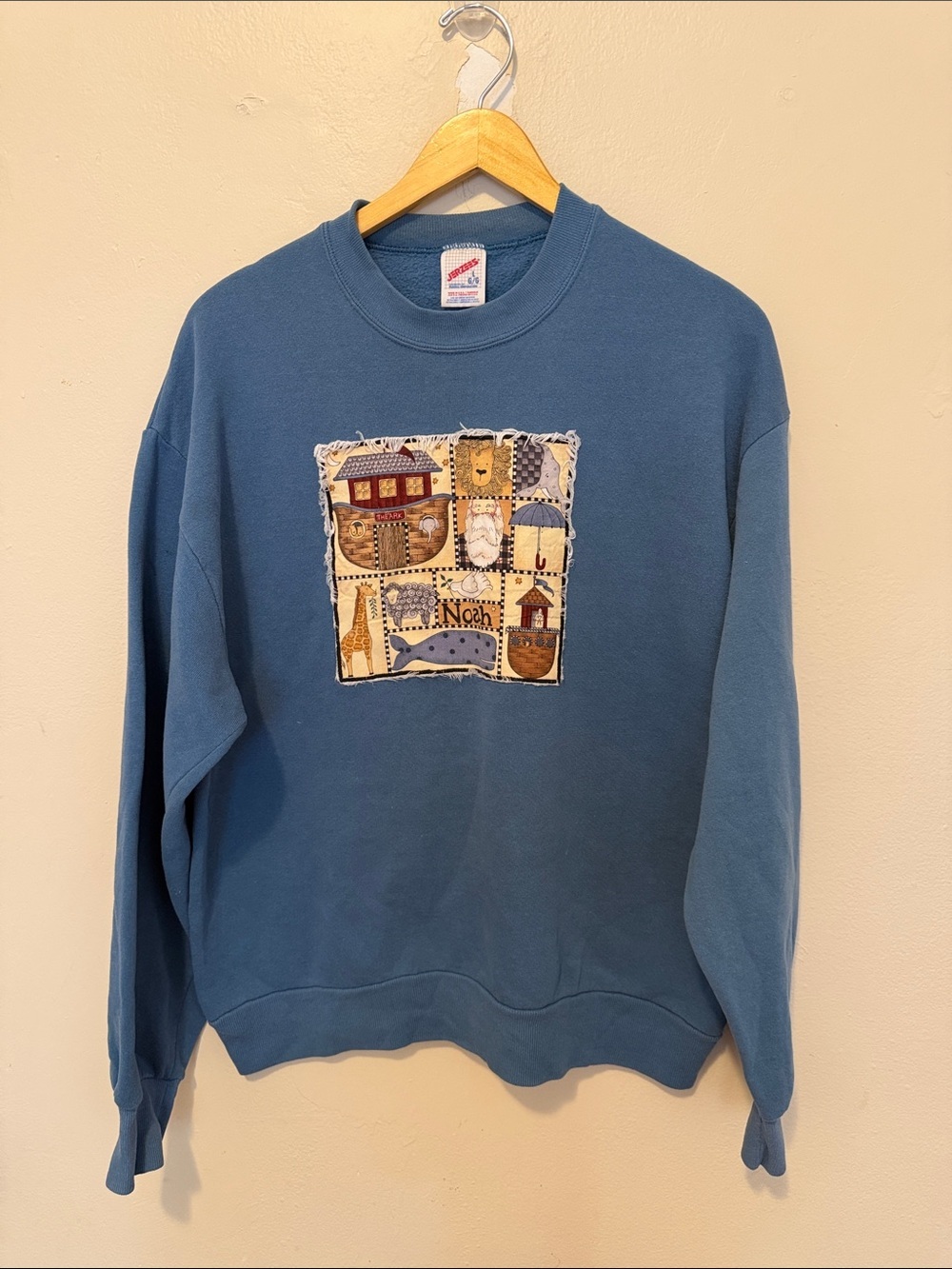 Jerzees Blue Crewneck Sweatshirt with Patchwork Noah Graphic